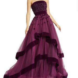 Mac Duggal Strapless Tiered Gown Floral Appliques